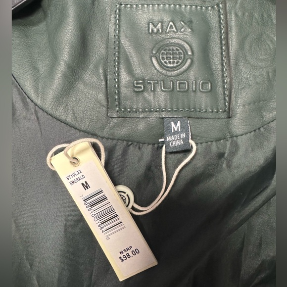 Max Studio Jacket Womens Medium Green Vegan Leather Moto Zip NEW - Picture 2 of 12